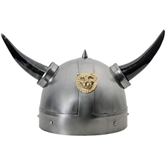 SZCO Lion Viking Horned Helmet, Carbon Steel with Gold Finish Lion Emblem and Spikes, Authentic Armor with Inner Lining for Reenactment and Decor