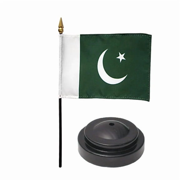 Pakistan Desk Flag with Base; American Made Rayon 4x6 inch Miniature Table Set Includes One Small Mini Country Stick Flags and One Black Stand (Pakistan Desk Flag and Base)