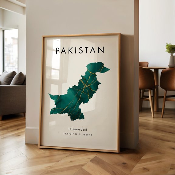 Pakistan Map PRINTED Poster Green and Gold Asia Wall Art Print Home Decor Geography Map Gift Wallpaper