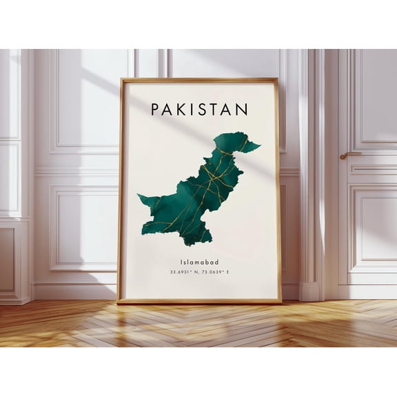 Pakistan Map Poster Green and Gold Asia Wall Art Print Home Decor Geography Map Gift Wallpaper