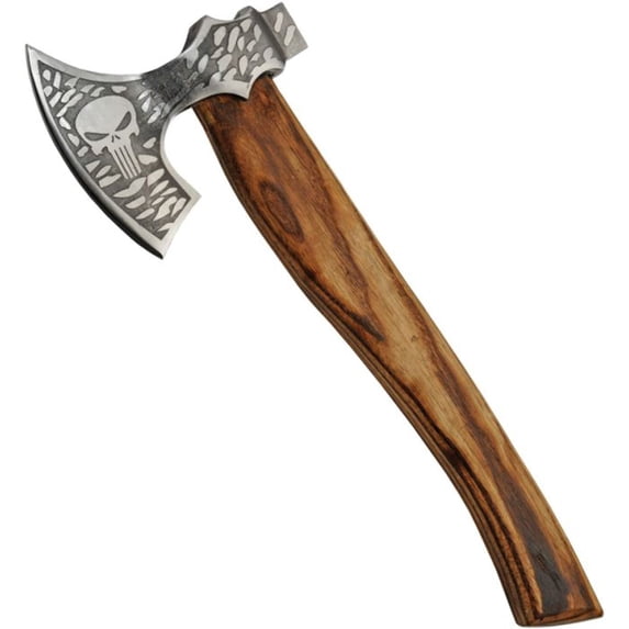 SZCO 15.5 Inch Skull Axe Stainless Steel Head Wood Handle with Etched Design and Leather Sheath Outdoor Camping Utility Tool