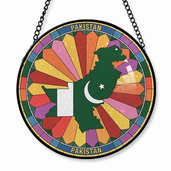 Pakistan Travel Decor Suncatcher Stained Glass Window Hanging, Gift for Traveller, Collection of Country Travel Souvenirs for Family and Friends, Pakistan Map and Flag Décor