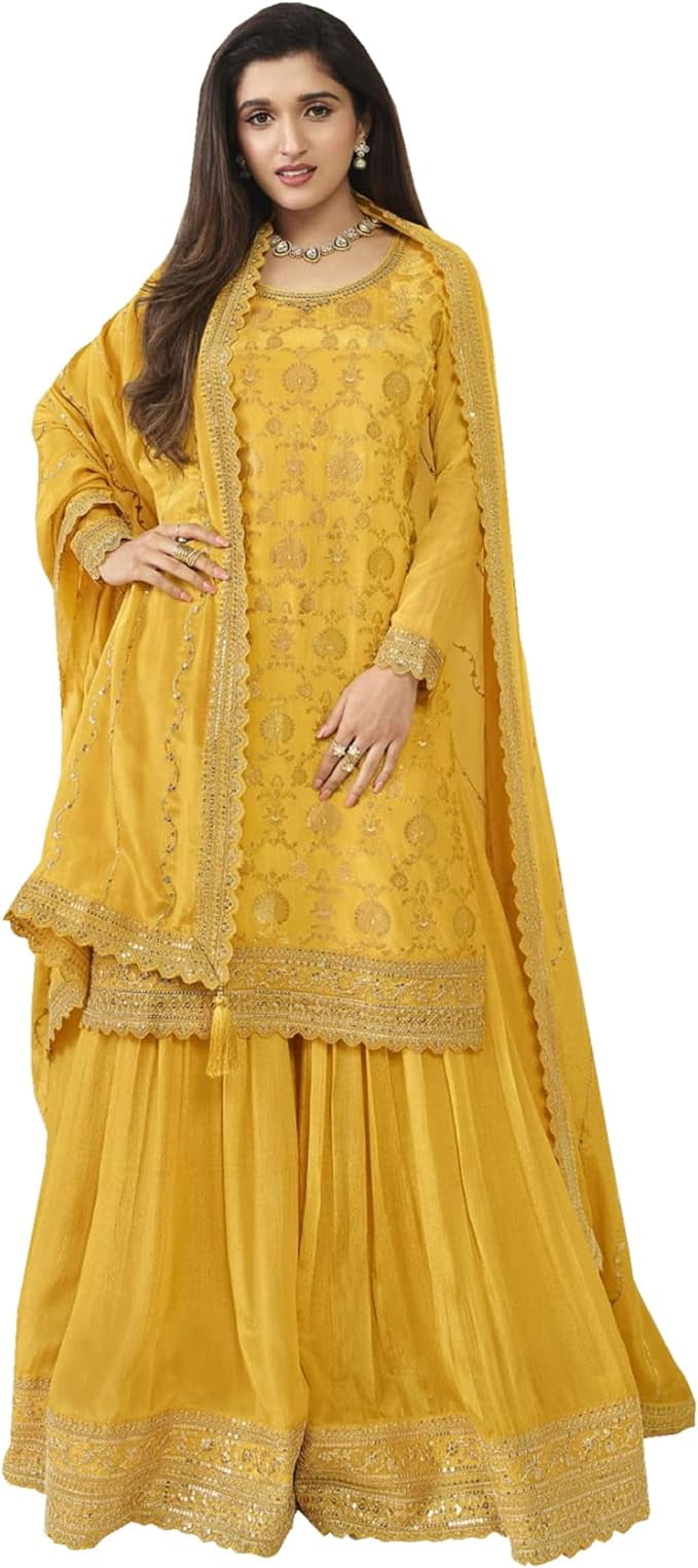 yellow indian dress anarkali suit with sequins dupatta all over bridesmaid choli bridesmaid dress indian dress indian anarkali gown intricate Mehendi ensembles Yellow - Dresses - Indian