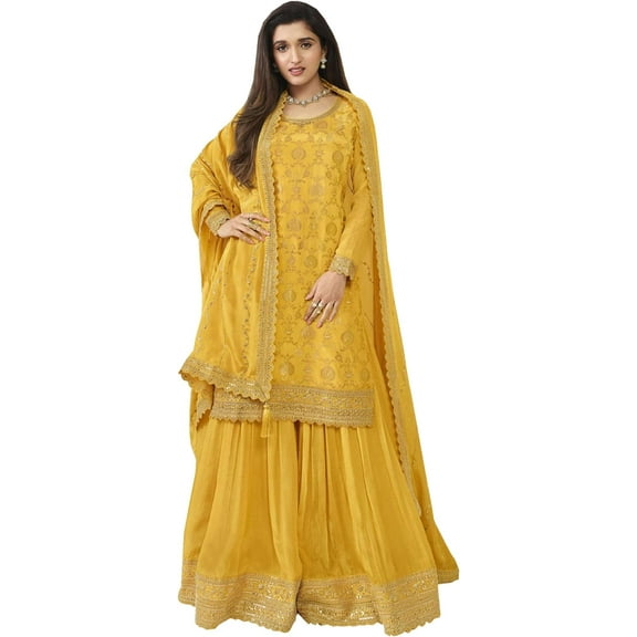 Pakistani Designer Salwar Kameez Dress Haldi Function Wear Indian Plazo Suits ( Yellow, 5XL - 52 )