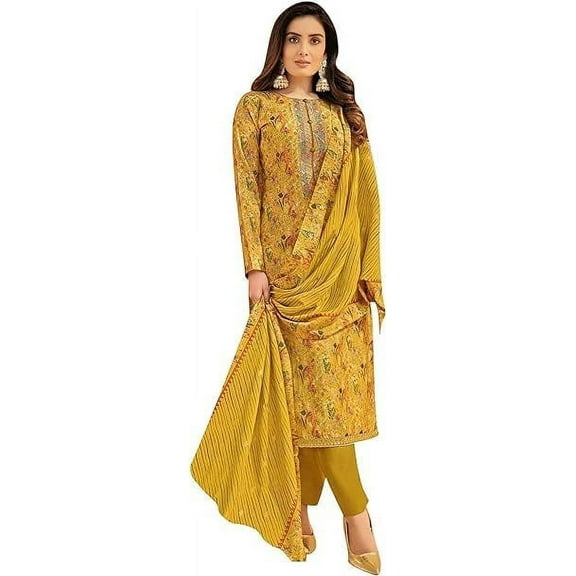 Pakistani Designer Swen Plazo Pant Suits Indian Casual Wear Salwar Kameez Dress ( Yellow, L - 42 )