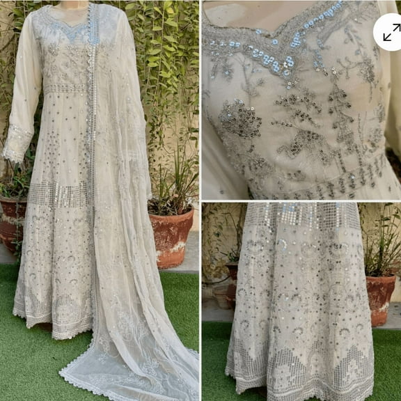 Pakistani Egg Shell White Long Maxi Style Embroidered Sequins Chiffon Dress - L