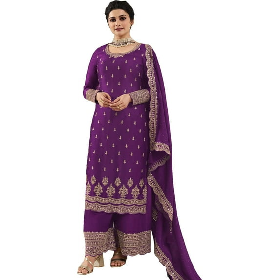 Pakistani Eid Special Designer Sewn Plazo Suits Indian Salwar Kameez Outfit ( Purple, S - 38 )