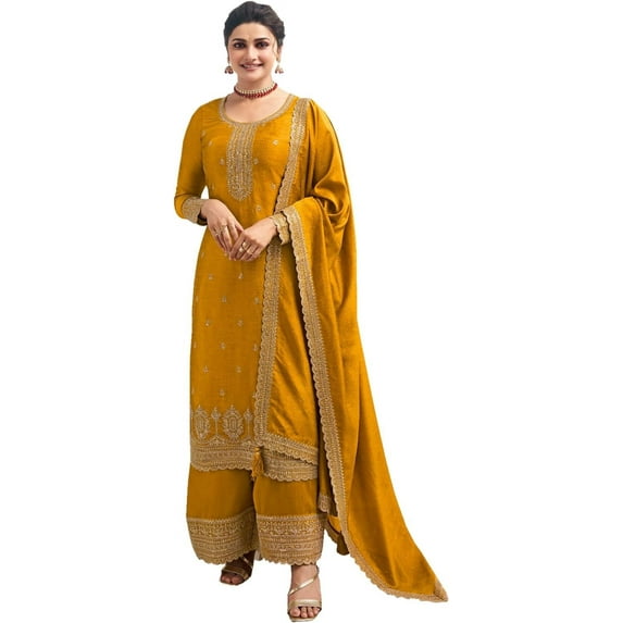 Pakistani Eid Special Designer Sewn Plazo Suits Indian Salwar Kameez Outfit ( Yellow, XL - 44 )