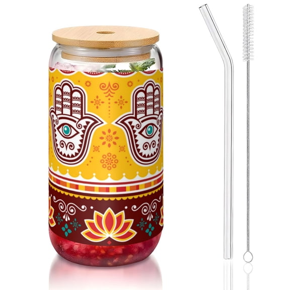 Pakistani Indian Evil Eye Hamsa Hand 16oz Can Shaped Glass Cup with Bamboo Lid Straw Brush, Reusable Iced Coffee Beer Can Glass Tumbler for Soda, Tea, Cocktails
