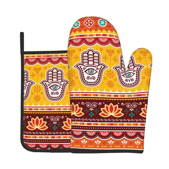 Pakistani Indian Evil Eye Hamsa Hand 2Pcs Oven Mitts and Pot Holders Set Kitchen Glove & Trivet Hot Pads for Cooking Baking BBQ Grilling
