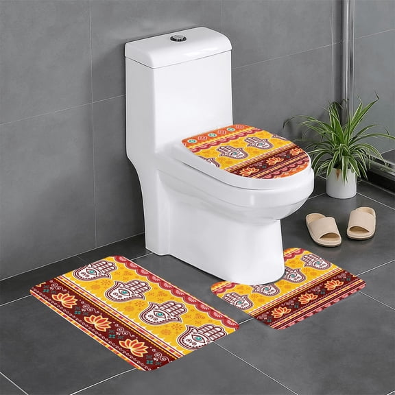 Pakistani Indian Evil Eye Hamsa Hand 3-Piece Bathroom Rug Set Non-Slip Flannel Bath Mat 24"x16" U-Shaped Contour Mat Toilet Lid Cover