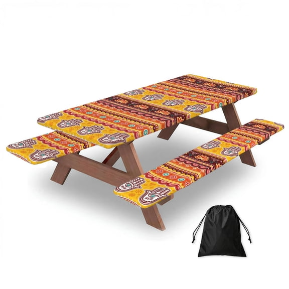 Pakistani Indian Evil Eye Hamsa Hand 3-Piece Fitted Picnic Table and Bench Cover Set, 72" Outdoor Tablecloth with Elastic Edges & Storage Bag