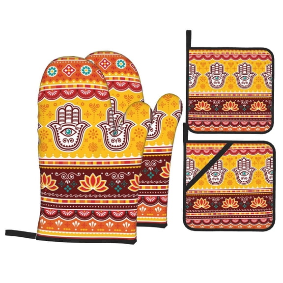 Pakistani Indian Evil Eye Hamsa Hand 4Pcs Oven Mitts and Pot Holders Sets Oven Kitchen Gloves Hot Pads for Cooking BBQ Baking Grilling