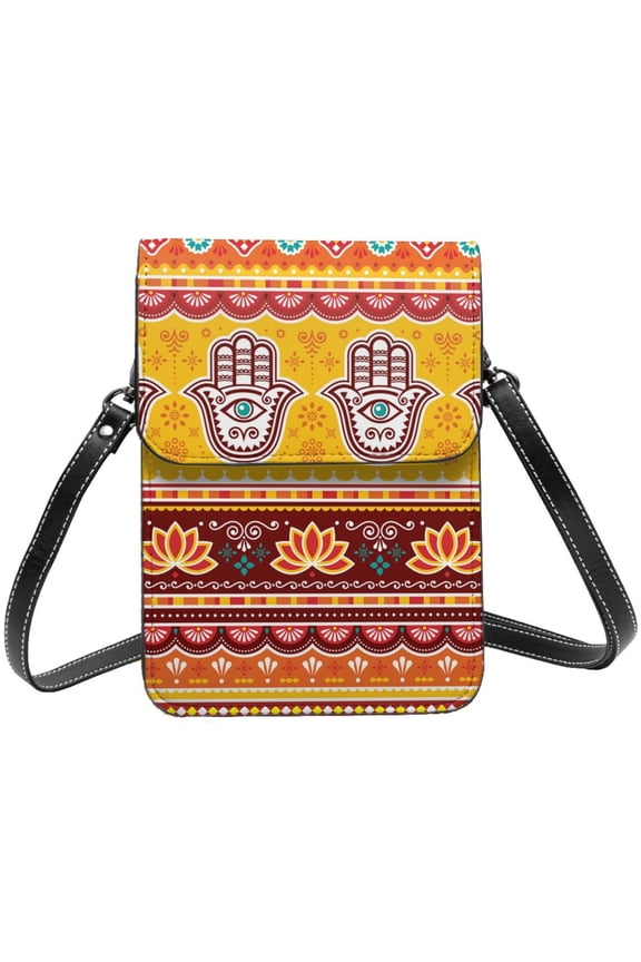 Pakistani Indian Evil Eye Hamsa Hand Cell Phone Purse Small Crossbody Bag with Strap Credit Card Slots Leather Shoulder Wallet for Women