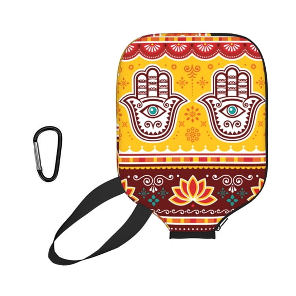 Pakistani Indian Evil Eye Hamsa Hand Pickleball Paddle Cover with External Mesh Pocket, Universal Protective Paddle Sleeve for Most Paddles