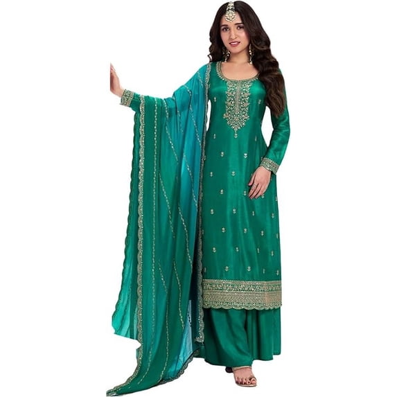 Pakistani Indian Reception Party Wear Designer Stitched Salwar Kameez Pant Suits ( Green, L - 42 )