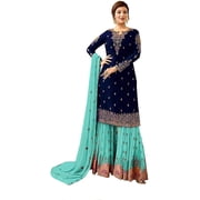 Pakistani Indian Sangeet Event Wear Designer Salwar Kameez Sharara Plazzo Suits  Blue, 7XL - 56
