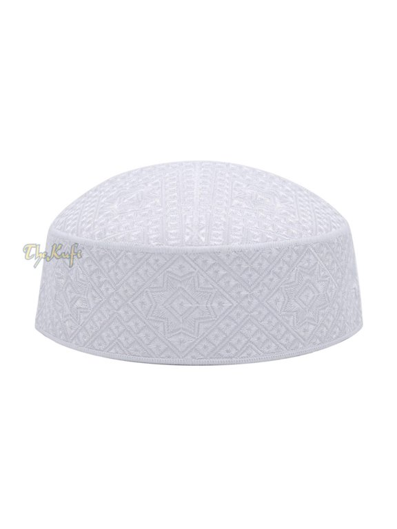 Pakistani Muslim Kufi Hats White Intricate Embroidery Diamond Motif Rigid Round Islamic Prayer Cap Topi Tupi Head Cover