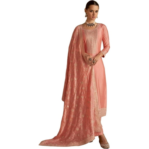 Pakistani Style Ramzan Party Wear Shalwar Kameez Suits Indian Sewn Plazo Dress ( Orange, 6XL - 54 )