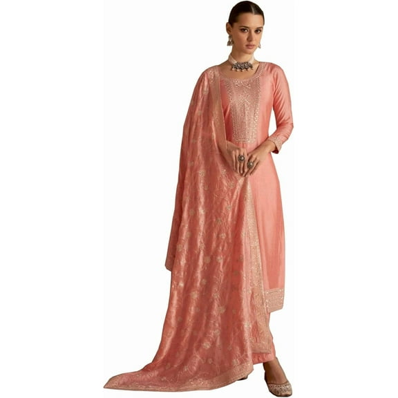 Pakistani Style Ramzan Party Wear Shalwar Kameez Suits Indian Sewn Plazo Dress ( Orange, S - 38 )