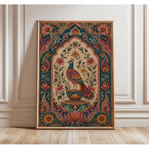 Pakistani Wall Art Mughal Floral Peacock Indian Miniature Style Decor Ornate Peacock South Asian Art, Unframed Paper Print