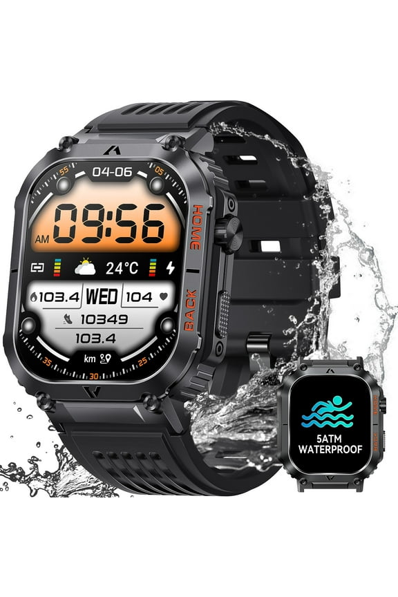 Smart Watch for Men 2.02-inch Ultra HD Resolution Screen 5ATM Waterproof Military-Grade Smartwatch Outdoor Tactical Fitness Tracker 100+ Sports Modes Watch for iPhone Android Phones