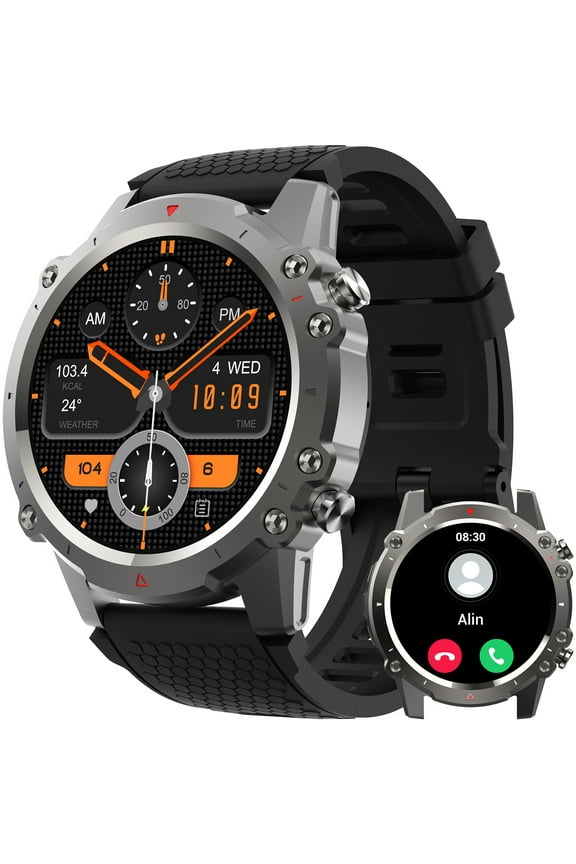 Smart Watches for Men 1.45 Rugged Outdoor Fitness Tracker Waterproof Tactical Sport Smartwatch for Android iPhone Black