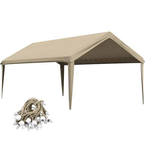 Pakunoda 12' X 20' Carport Canopy Replacement Cover, Portable Car Garage Shelter Party Top Tent with 34PC Ball Bungees, Sand (Only Cover, Frame Not Included)
