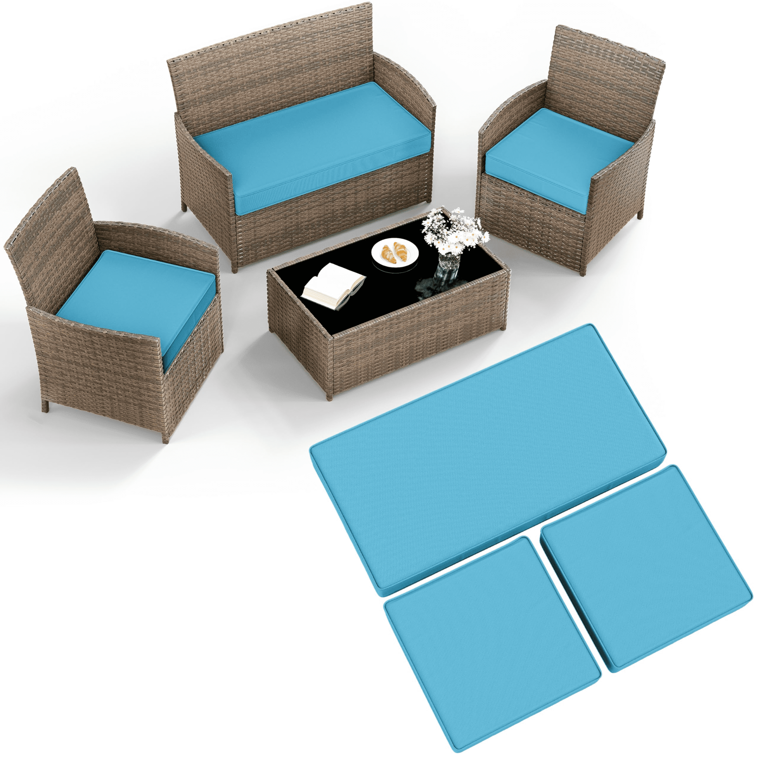 Pakunoda 3Pcs Patio Cushion Covers 4-Seater Outdoor Cushion Slipcovers Replacement with Zipper for Garden Couch Wicker Rattan Sofa Furniture, Cover Only, Lake Blue