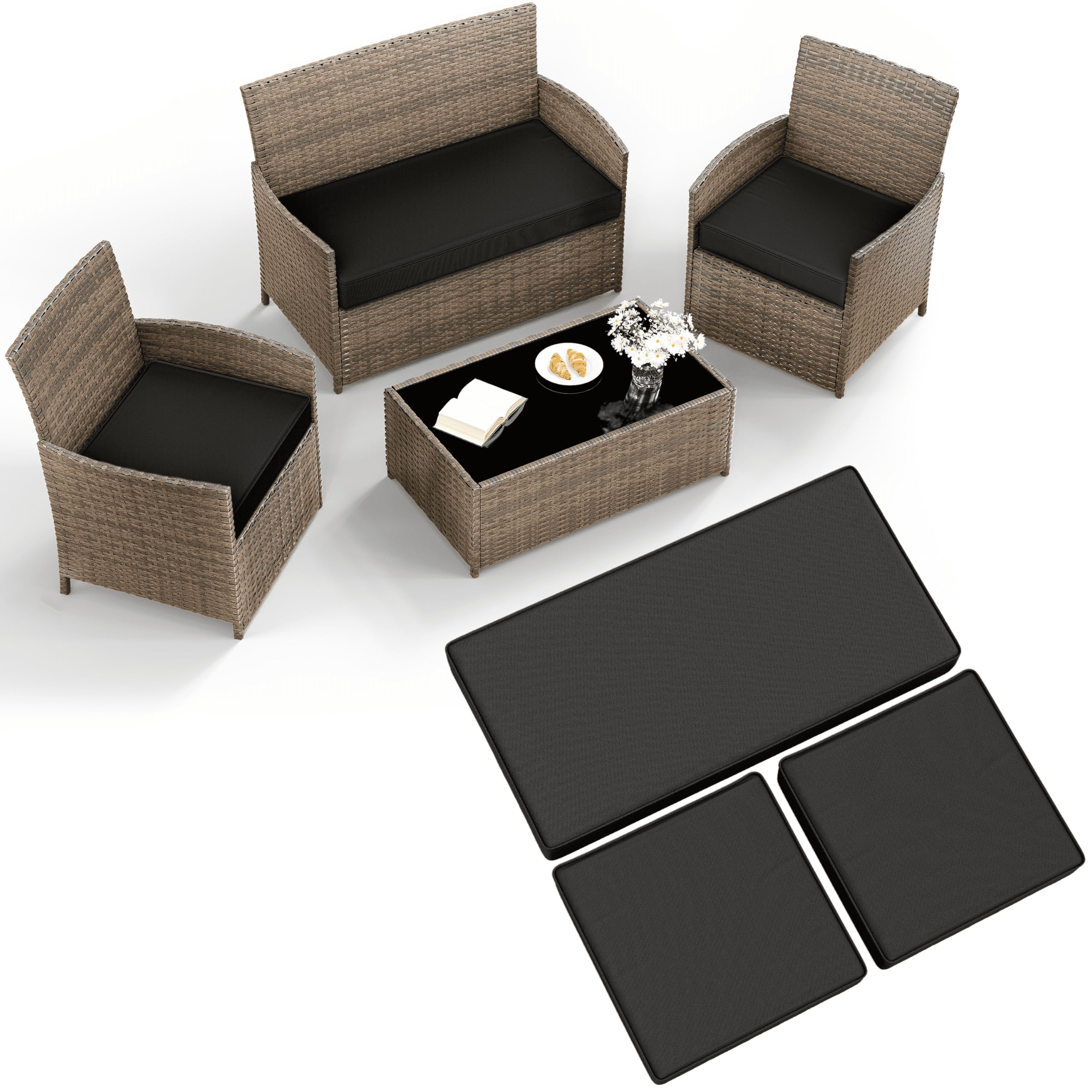 Pakunoda 3Pcs Patio Cushion Covers 4-Seater Outdoor Cushion Slipcovers Replacement with Zipper for Garden Couch Wicker Rattan Sofa Furniture, Cover Only, Black