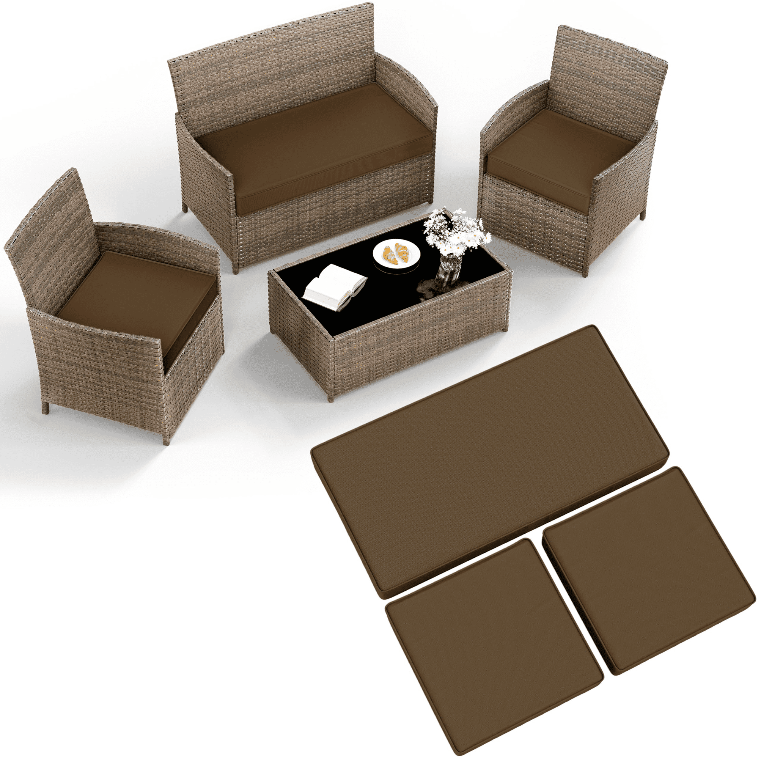 Pakunoda 3Pcs Patio Cushion Covers 4-Seater Outdoor Cushion Slipcovers Replacement with Zipper for Garden Couch Wicker Rattan Sofa Furniture, Cover Only, Chocolate