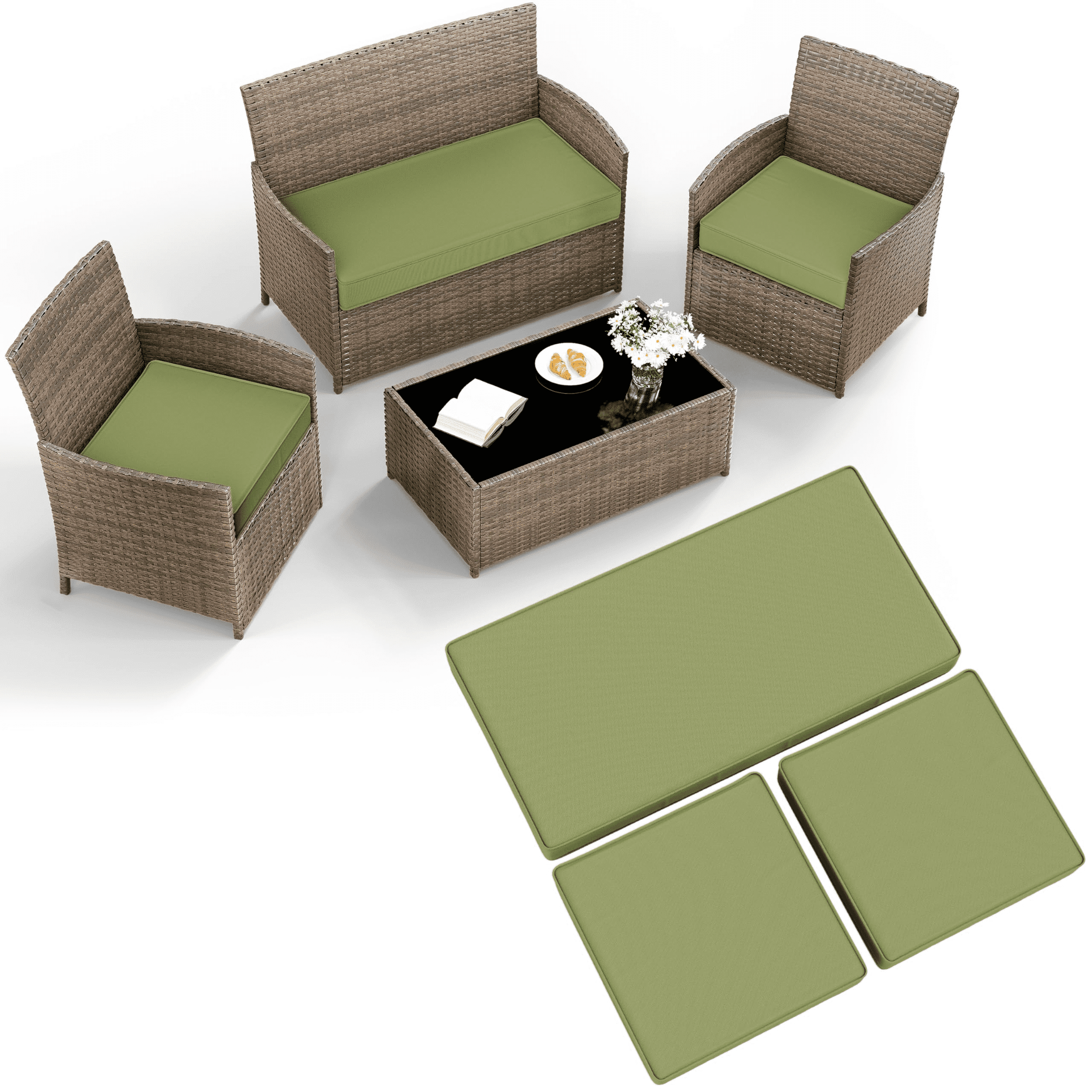 Pakunoda 3Pcs Patio Cushion Covers 4-Seater Outdoor Cushion Slipcovers Replacement with Zipper for Garden Couch Wicker Rattan Sofa Furniture, Cover Only, Light Green