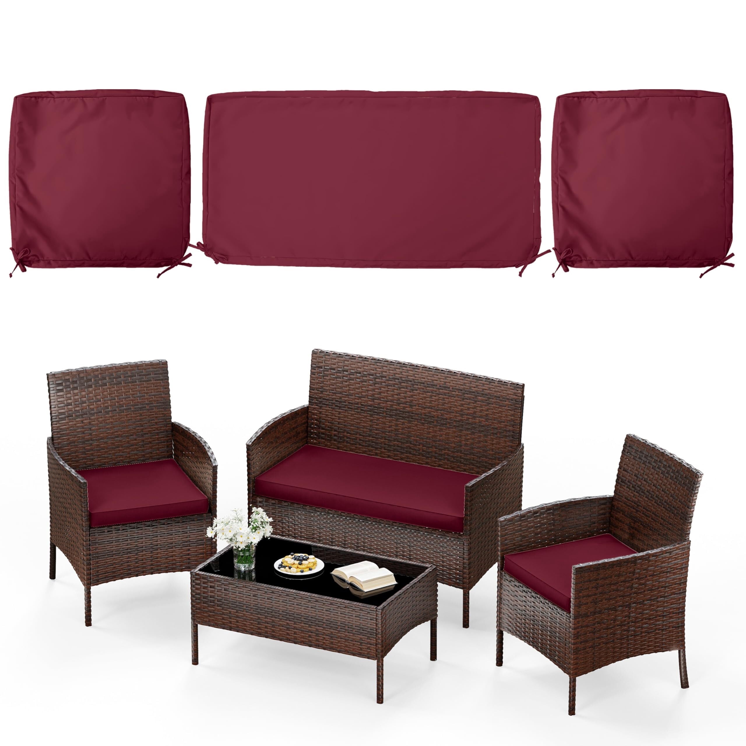 Pakunoda 3Pcs Patio Cushion Covers 4-Seater Outdoor Cushion Slipcovers Replacement with Zipper for Garden Couch Wicker Rattan Sofa Furniture, Cover Only, Burgundy