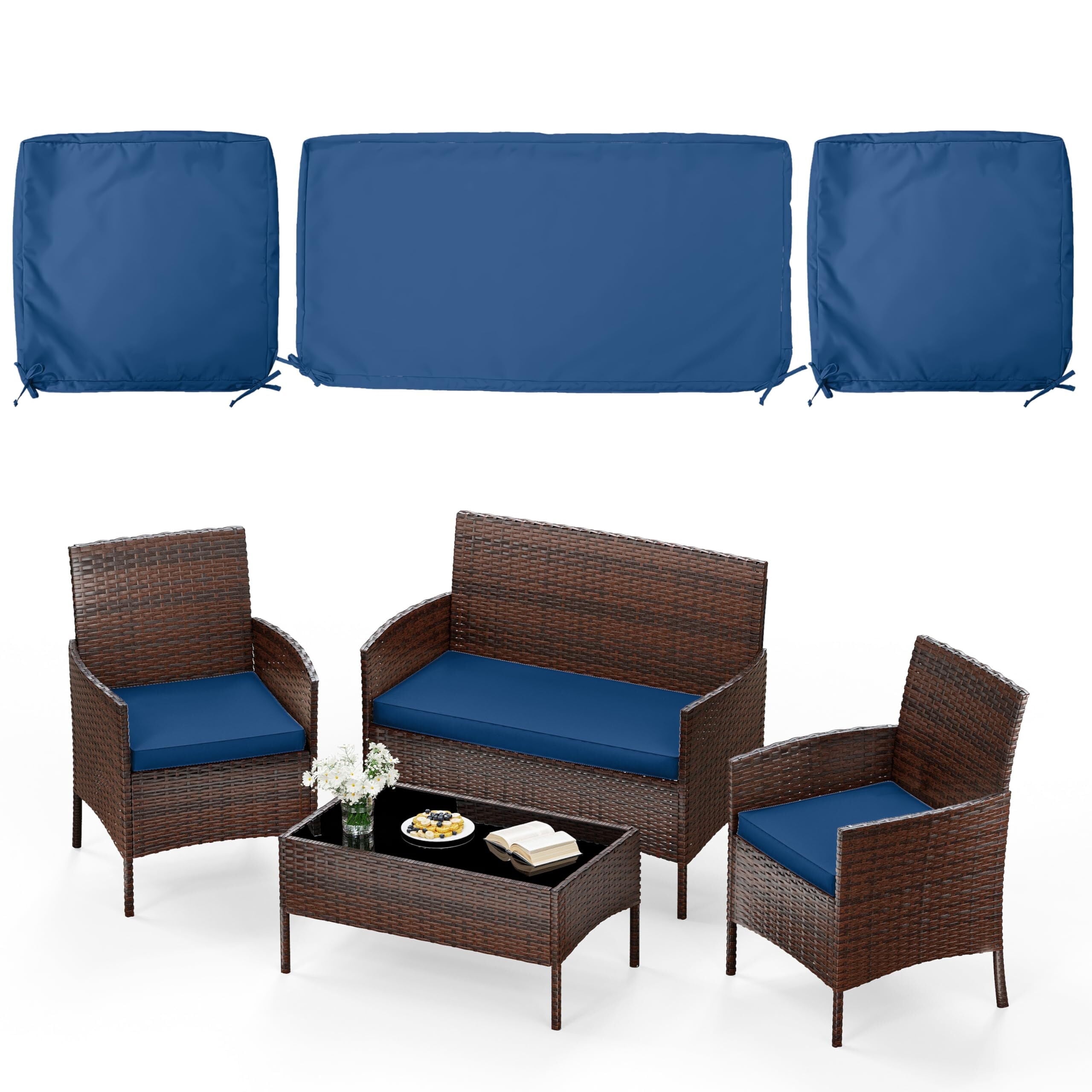 Pakunoda 3Pcs Patio Cushion Covers 4-Seater Outdoor Cushion Slipcovers Replacement with Zipper for Garden Couch Wicker Rattan Sofa Furniture, Cover Only, Blue