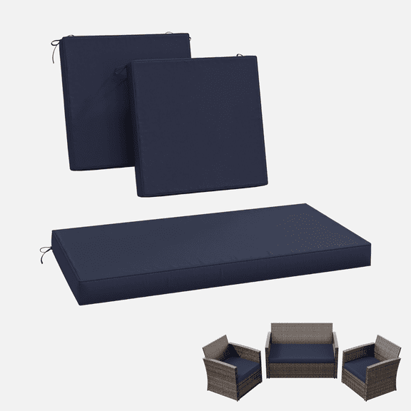 Pakunoda Outdoor All-Weather Patio Loveseat and Chair Seat Cushion Replacement Set of 3, Navy Blue