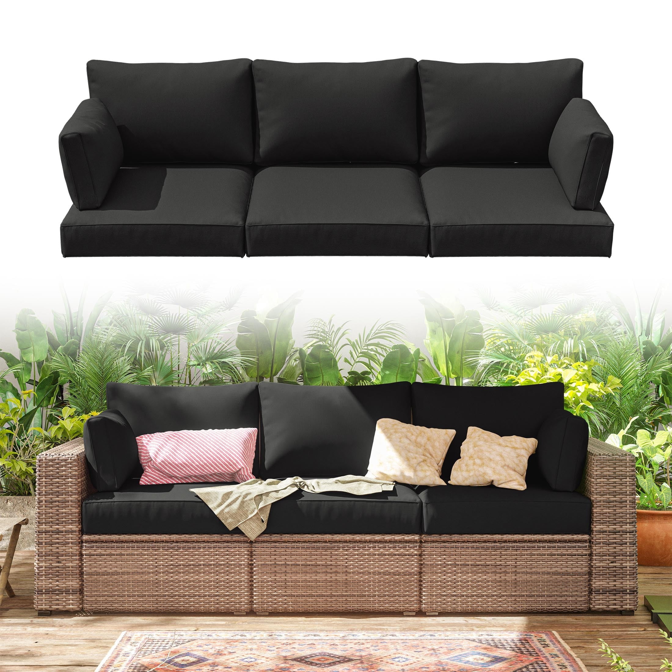 Pakunoda Outdoor Cushions Replacement, 8 Piece Sectional Cushion Fits 3-Seat, 4” Foam Deep Seat, for Patio Rattan Wicker Replacement Cushion, Liner&Cover, Black