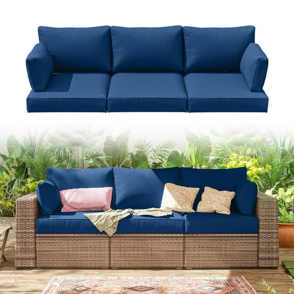 Pakunoda Outdoor Cushions Replacement, 8 Piece Sectional Cushion Fits 3-Seat, 4” Foam Deep Seat, for Patio Rattan Wicker Replacement Cushion, Liner&Cover, Blue