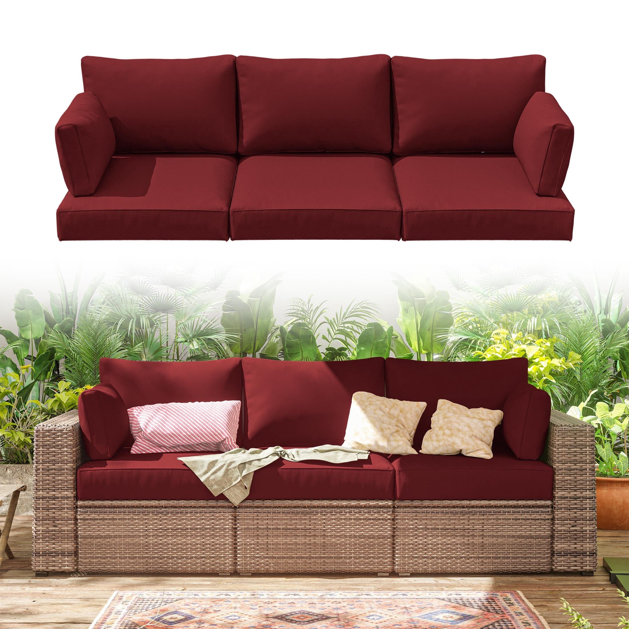 Pakunoda Outdoor Cushions Replacement, 8 Piece Sectional Cushion Fits 3-Seat, 4” Foam Deep Seat, for Patio Rattan Wicker Replacement Cushion, Liner&Cover, Burgundy