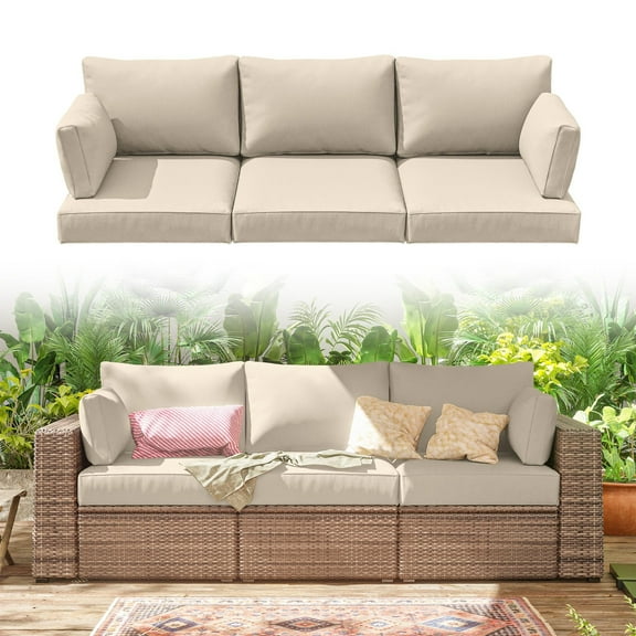 Pakunoda Outdoor Cushions Replacement, 8 Piece Sectional Cushion Fits 3-Seat, 4” Foam Deep Seat, for Patio Rattan Wicker Replacement Cushion, Liner&Cover, Cream