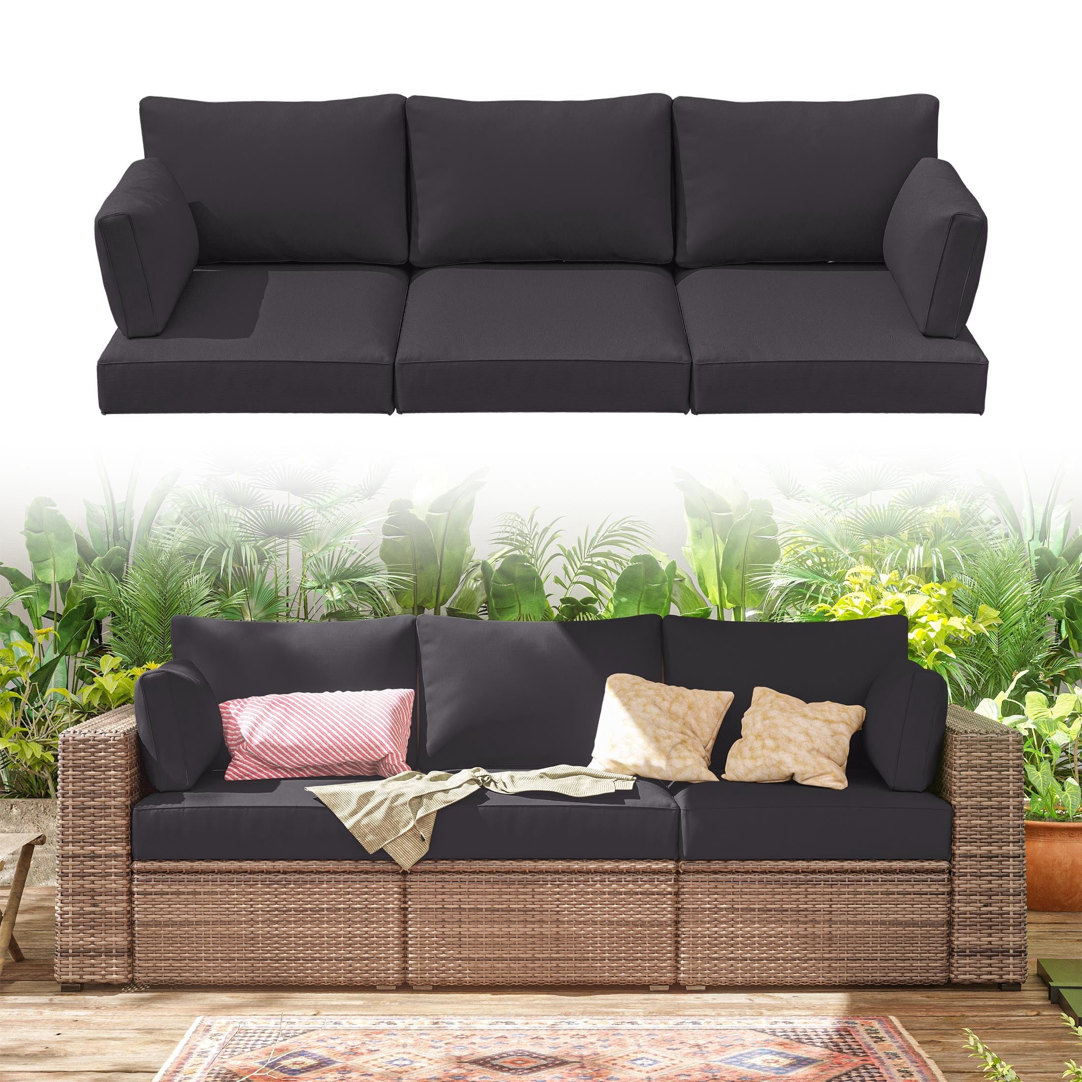 Pakunoda Outdoor Cushions Replacement, 8 Piece Sectional Cushion Fits 3-Seat, 4” Foam Deep Seat, for Patio Rattan Wicker Replacement Cushion, Liner&Cover, Grey