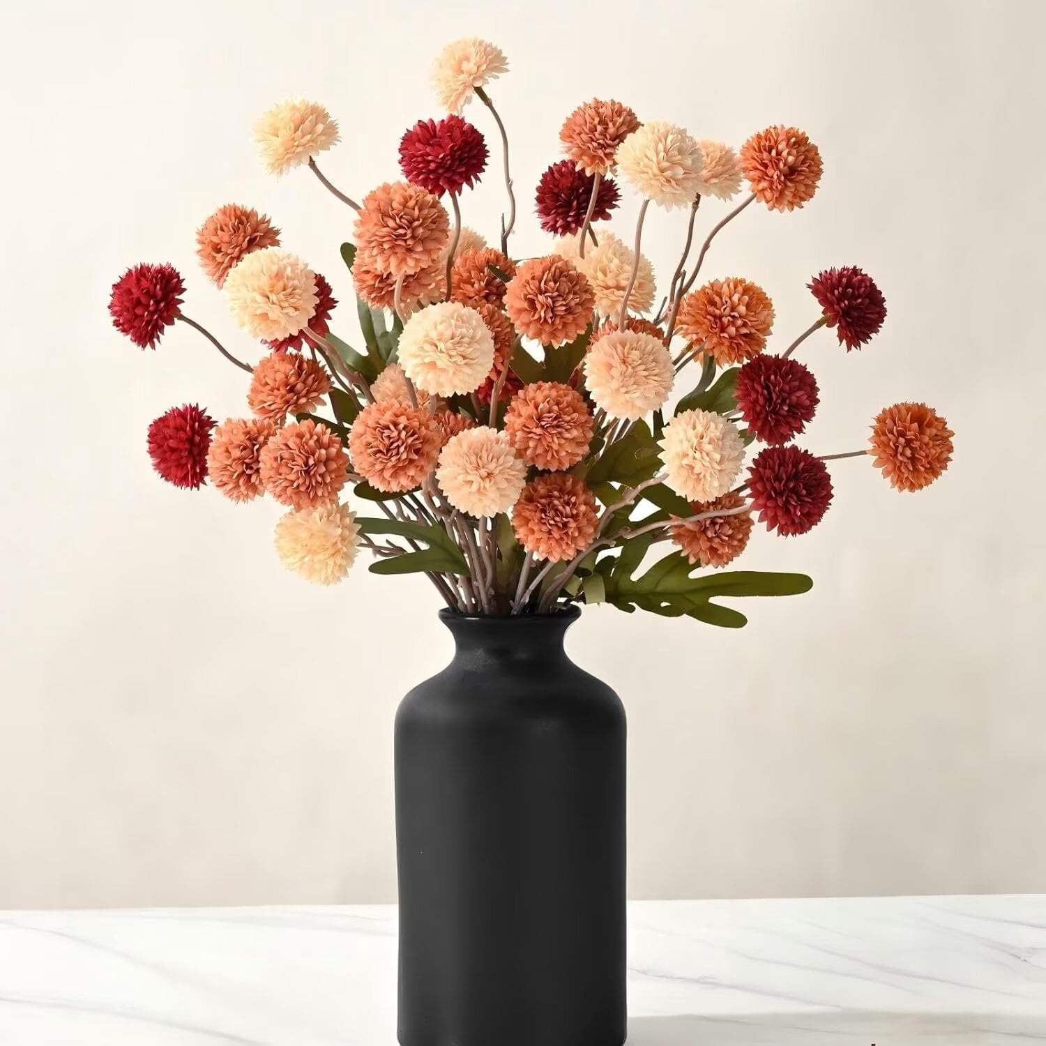 Pakyozj 10pcs Fake Silk Pompon Mum Artificial Flowers, Bulk Faux Mini Chrysanthemums, for Centerpieces Wedding Fillers Champagne Arrangements Boho Decor, No vase