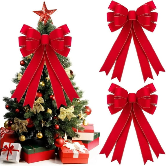 Pakyozj 2 Pcs Red Christmas Bows Outdoor Decorations - 16”x24”Large Christmas Tree Topper Bow, Velvet Wreath Bow with Glitter Gold Edge for Xmas Home Front Door Decor