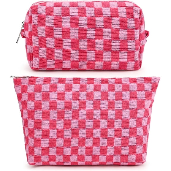 Pakyozj 2 Pieces Makeup Bag Large Checkered Cosmetic Bag Capacity Canvas Mix Travel Toiletry Bag Organizer Cute Makeup Brushes Aesthetic Accessories Storage Bag for Women