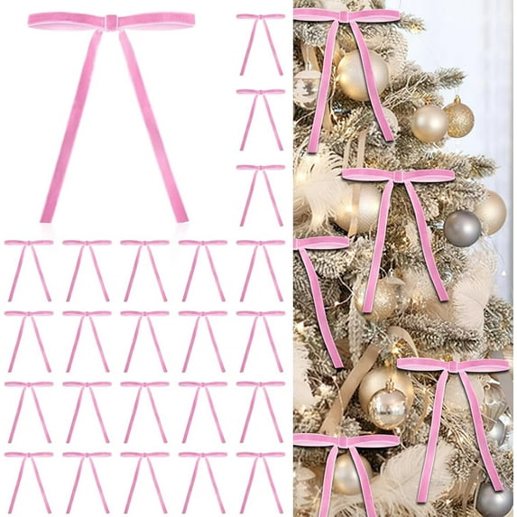 Pakyozj 24 Pcs Pink Velvet Bows for Christmas Tree, Elegant Christmas Tree Bows, 5x7 Inch Pre-Tied Ribbon Bows for Wreaths, Gifts, and Holiday Decor, Velvet Bow Ornaments for Xmas Trees