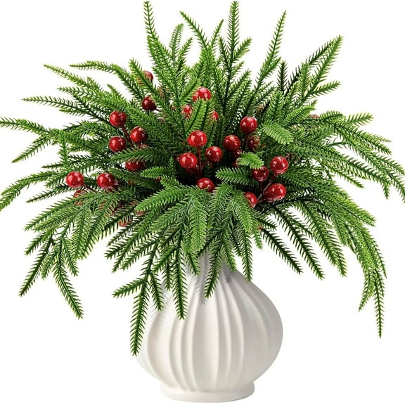 Pakyozj 45 Pcs Christmas Norfolk Pine Branches with Red Berry Stems, 14" Artificial Greenery Norfolk Pine Stems Sprigs, Fake Foliage Pine Needles Picks for DIY Craft Garland Home Decoration