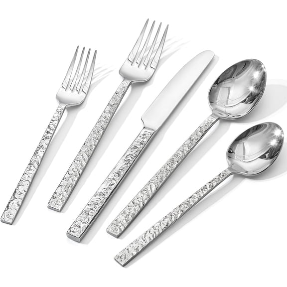 Pakyozj 5Pcs Hammered Silverware Set for 1, 18/10 Stainless Steel Heavy Duty Flatware Set, Tableware Cutlery Utensil Sets for Home Restaurant Dishwasher Safe