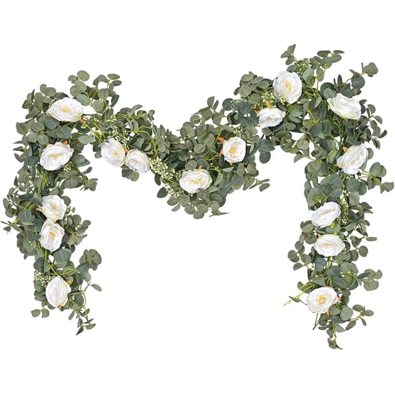 Pakyozj 6.56Ft Eucalyptus Garland with Flowers - 8 White Roses, Artificial Flower Fake Rose Vine Faux Greenery for Wedding Backdrop Arch Table Wall Party Home Decor