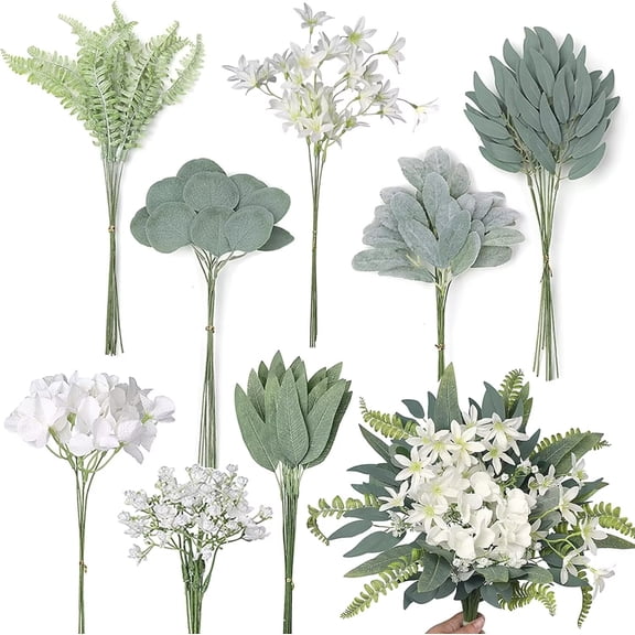 Pakyozj Artificial Greenery Stems Box Set(Pack of 85pcs) with 8 Kinds of Faux Plants and Fake Flowers for DIY Wedding Bouquet Table Centerpieces and Floral Arrangement