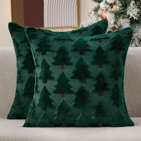 Pakyozj Christmas Pillow Covers 18x18 inch Set of 2 Xmas Decorations Soft Plush Faux Fur Wool Green Christmas Tree Throw Pillow Cases Winter Holiday Decor for Sofa Living Room