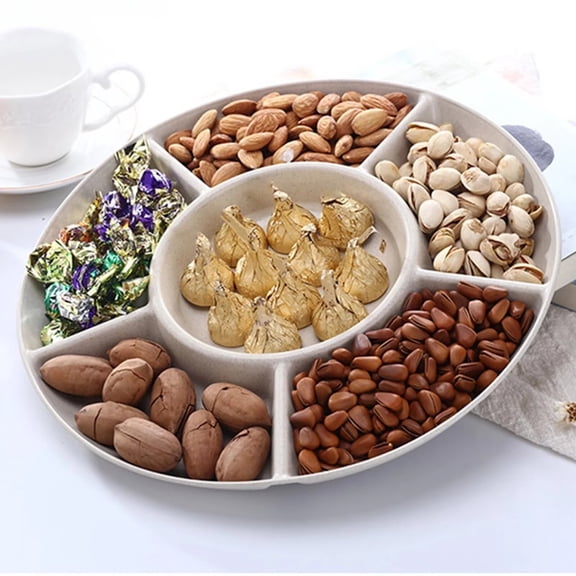 Pakyozj Divided Serving Tray – 6-Compartment Round Snackle Box for Fruits, Veggies, Candy & Nuts – Dishwasher & Microwave Safe Reusable Food Organizer – Compact Size 11.2in